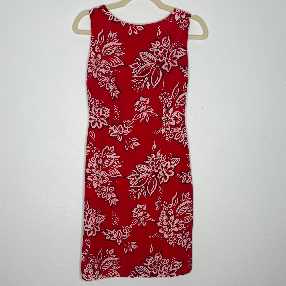 Vintage‎ Maggy London Red and White Floral Midi Sheath Dress 100% Silk Size 4